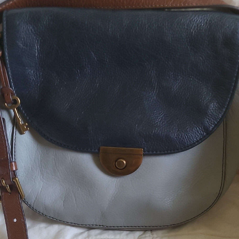 Blue and Gray Leather Shoulder Bag